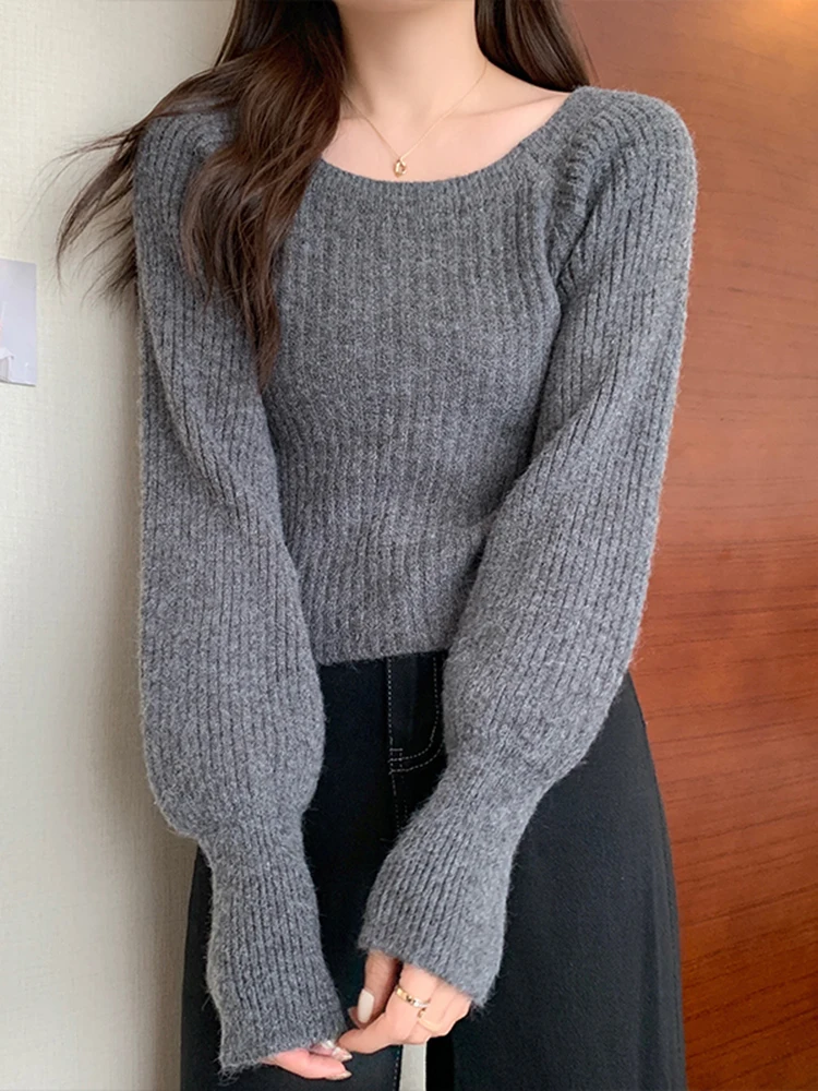 Herbst Winter Lose Frauen Pullover Casual Weiche Lange Puff Sleeve Pullover Jumper Strickwaren Grundlegende Pullover Für Frauen Tops – Detail 12