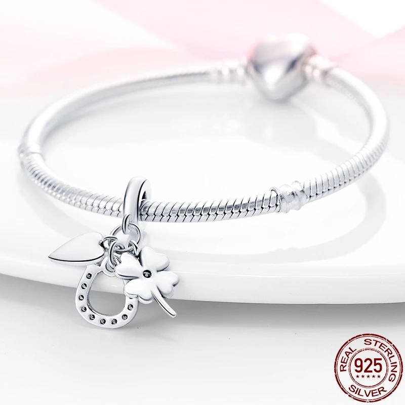 S925 Sterling Silver Flowery Horseshoe Four-Leaf Clover Series Charms Fit Original Pandora Bracelet For Women Fine Jewelry Gift