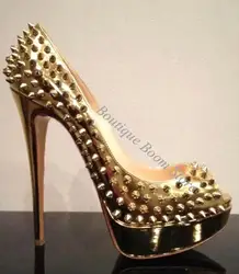 Gold 14cm Super high Heels Platform Pumps Female Rivets Studs Nude Black Patent Leather Peep-Toe Women Wedding Sandals Shoes