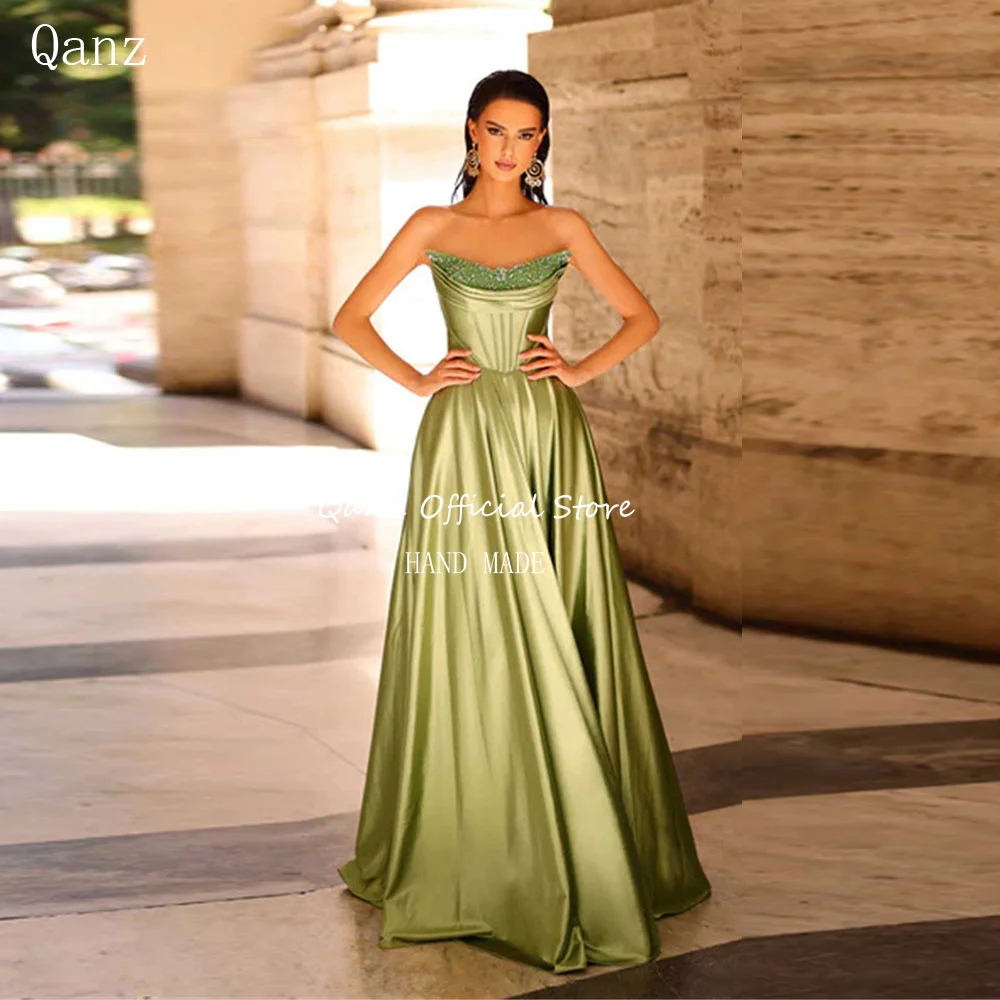 Qanz Customized A Line Evening Dresses Open Back Beadings Strapless Floor Length Dresses for Special Occasions Robe De Soirée