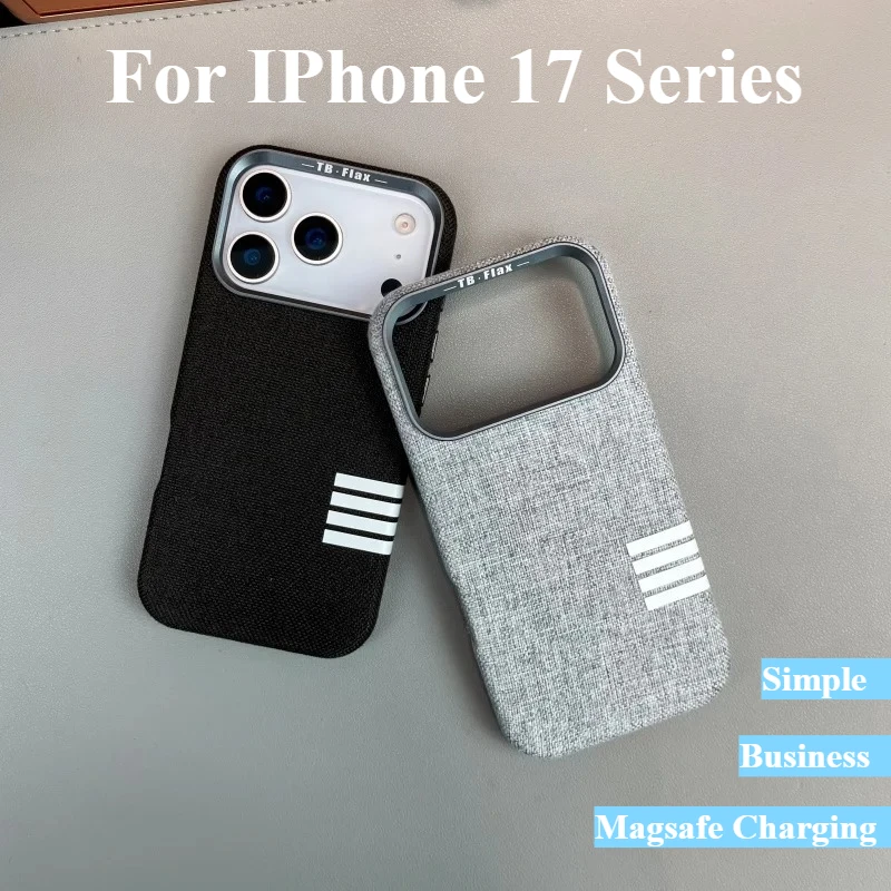 

Business Alloy Button Lens Frame Canvas Fabric Case For IPhone 17 ProMax Air 16 15 14 Original Magnetic Charging Anti-Drop Cover