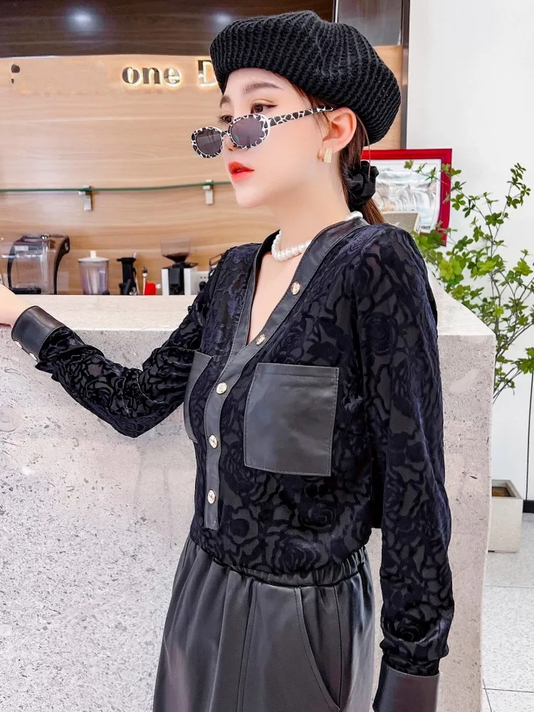 Mode Frauen Herbst Schwarz Neue Stil Samt Hemd Langarm V-ausschnitt Einreiher Arbeit Dame Casual Chic Weiche Tops Heißer Verkauf
