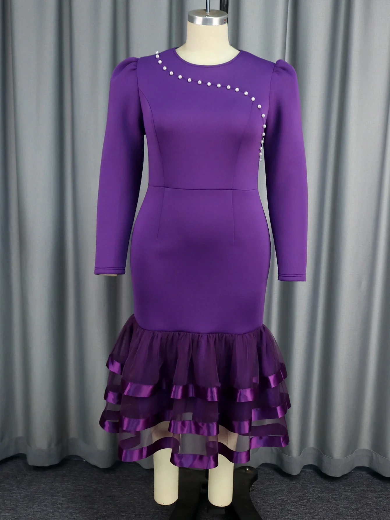 Purple Dresses Mermaid Mesh Long Sleeves Beading Party for Women Package Hip Wedding Guest Female Gowns Occasion Winter African