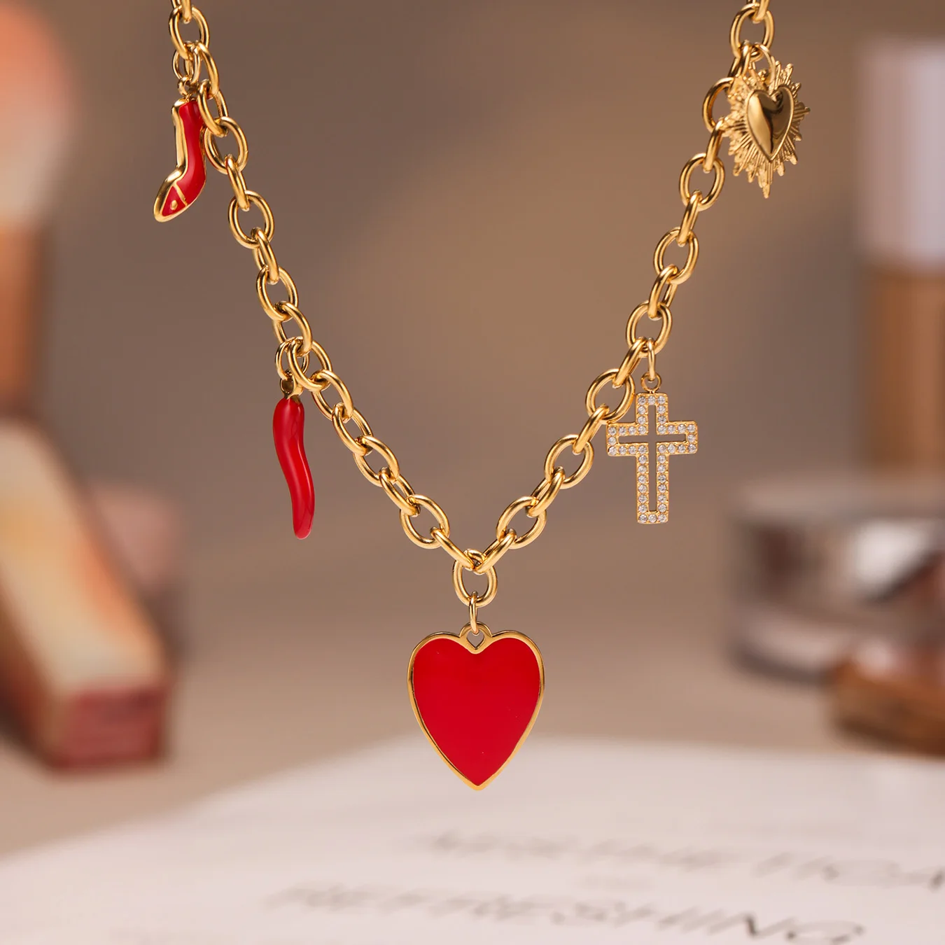 

Nivora Zircon Stainless Steel "O"Chain Necklace For Women Heart Pepper High Heels Cross Pendant Necklace Women Wedding Jewelry