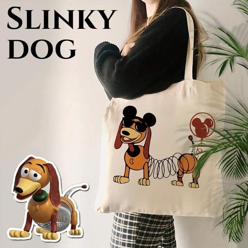Toy Story-Bolso de hombro de lona con estampado de perro para mujer, bolso informal con estampado de Anime, bolso de mano reutilizable de gran capacidad para libros de compras