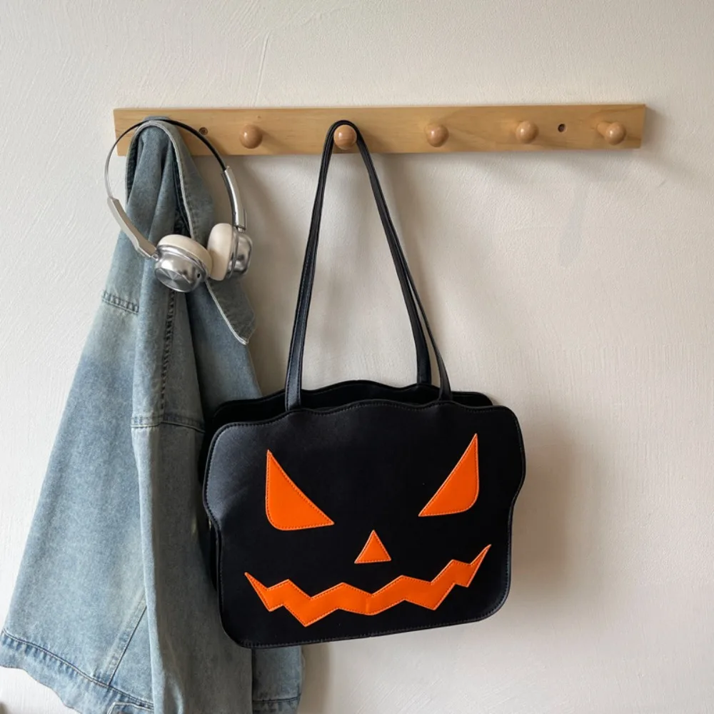 Funny Gothic Halloween Tote Bag Large Capacity Quirky Pumpkin Shoulder Bag Pu Leather Creative Demon Messenger Bag Children