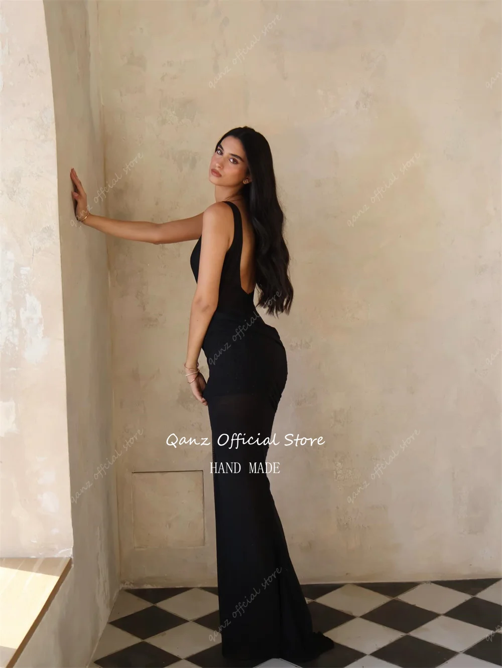 Qanz Deep V Neck Black Prom Dresses Mermaid Sleeveless Formal Evening Gowns Backless Women Robes De Soirée Customized