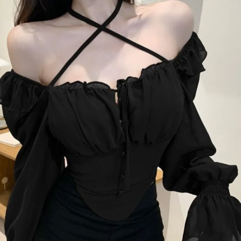 Slim Chiffon Shirt French Sexy Ruffle Slash Neck Women\'s Clothing Hotsweet CropTop Shirts And Blouses Elegant Female Blouses