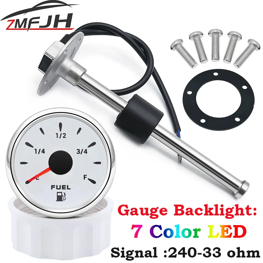 52MM Fuel level Gauge 240-33 ohm Stainless Steel Fuel Level Sensor 100-500mm 7 Color Backlight For Marine Boat Car Truck 12V 24V