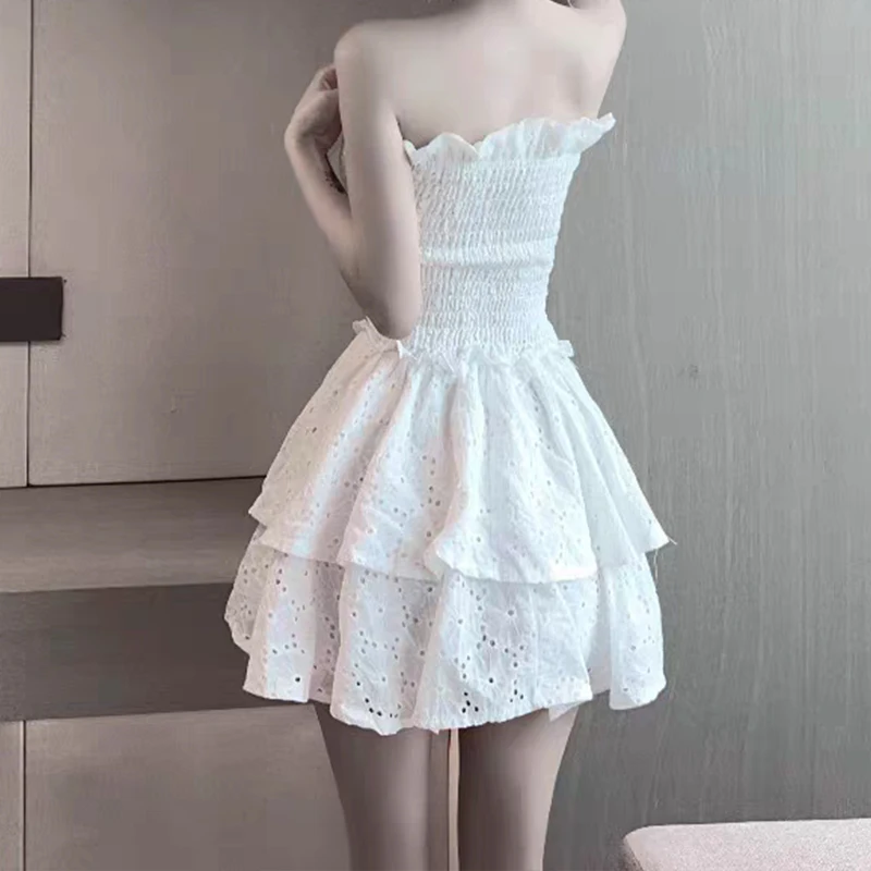 HOUZHOU White Lace Strapless Mini Dress Sweet Sexy Backless Girdle Waist Ruffle Casual Slim Dresses Party Vacation Short Dress