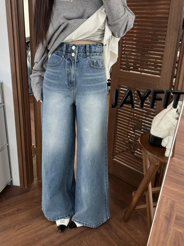 

Retro High Waist Straight Leg Jeans Women's Faionable Weathered Slimming Double Waist Head Wide Leg Flared Pants