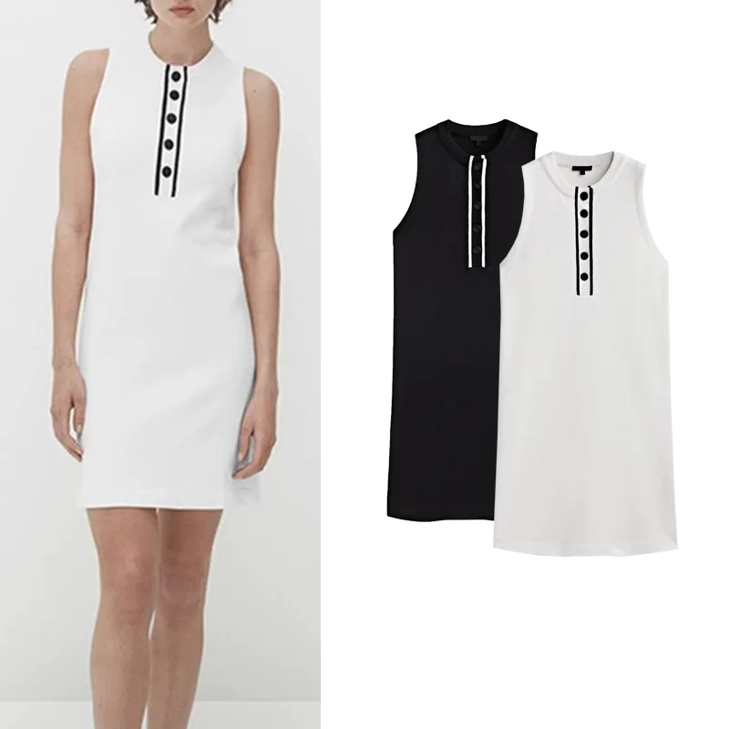 MD Women's 2024 New Style Lady Vacation Splice Front Short Sleeveless Dress Elegant Chic Polyester Fiber Single Piece Dress