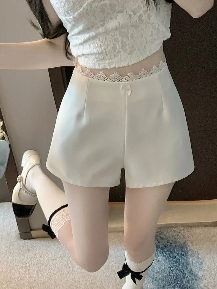 

Женские белые шорты-блейзеры с высокой талией, широкими штанинами и кружевной отделкой в стиле Hot Girl, летние, новые, повседневные, для миниатюрных. ​