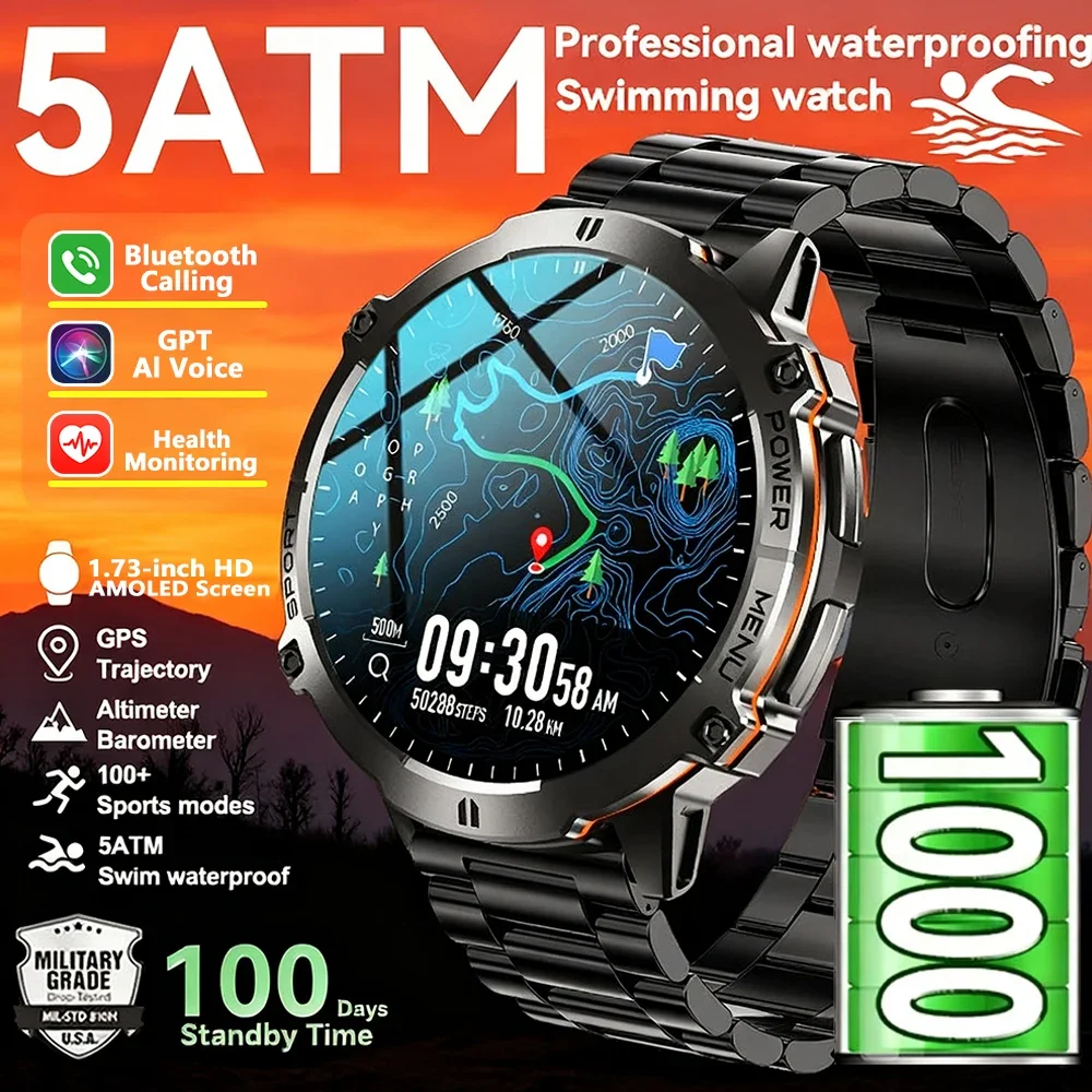 

2025 New TANK X3 Smartwatch Military Grade 1000mAh Battery 5ATM Waterproof Compass BT Call AMOLED Men Sport GPS Smart Watch Men