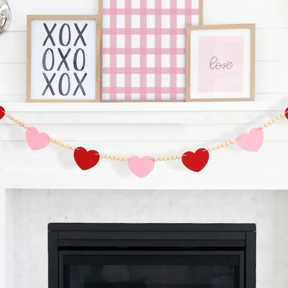 Red Pink Color Felt Heart Garland 61.81in Pre-Made Hanging Loop Valentine Bunting Banner Farmhouse Style Wooden Bead Garland