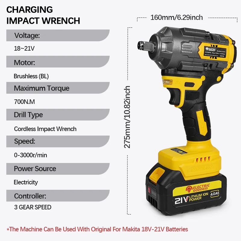 EGOD 700N.M Brushless Electric Wrench Cordless Power Impact Drill Screwdriver Car Repair Power Tools For Makita 21V Battery