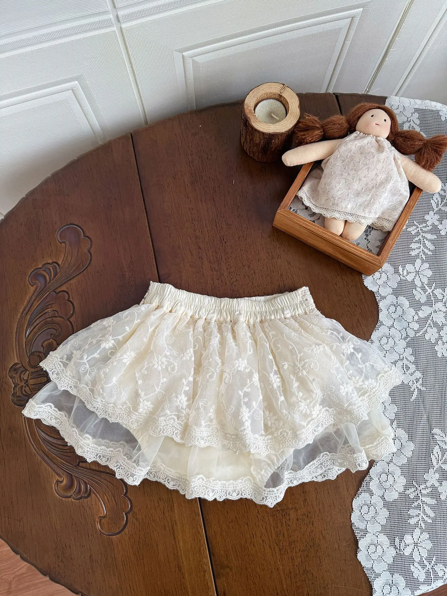 

Летние детские шорты-юбка 2026 в нежном стиле для девочек, с двойным кружевом и цветочной вышивкой, абрикосовые, на эластичной резинке