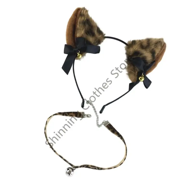 M68A 2Pcs Cats Costume Accessories Faux Furs Cats Ears Headband and Choker Necklace for Halloween Dressing Up,Cosplay,Parties