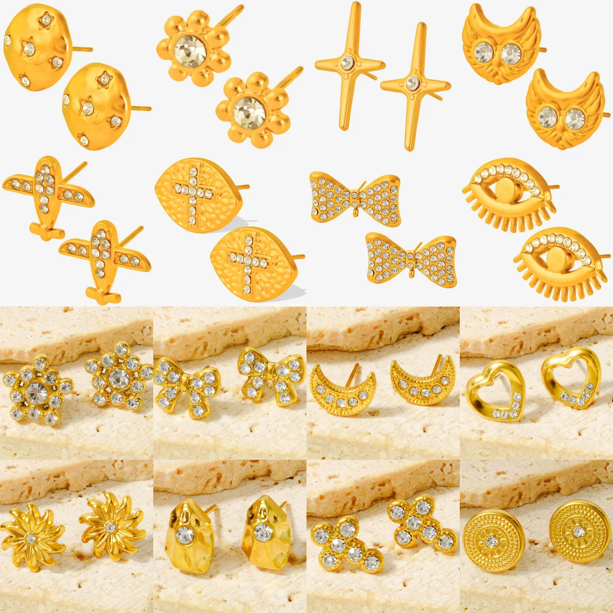 

2 Pairs Stainless Steel Real Gold Plated Y2K Style Glistening Zircon Cross Shape Moon Evil Eye Geometry Texture Earrings Gift