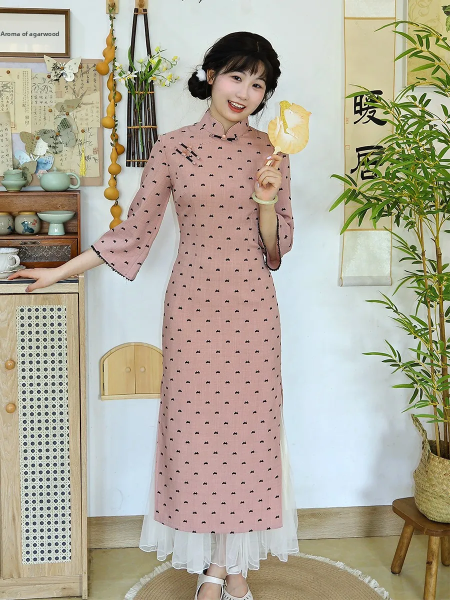 

Новое розовое длинное винтажное платье-ципао с широкими рукавами для офиса и повседневной носки от китайского бренда Jiangnan Fu