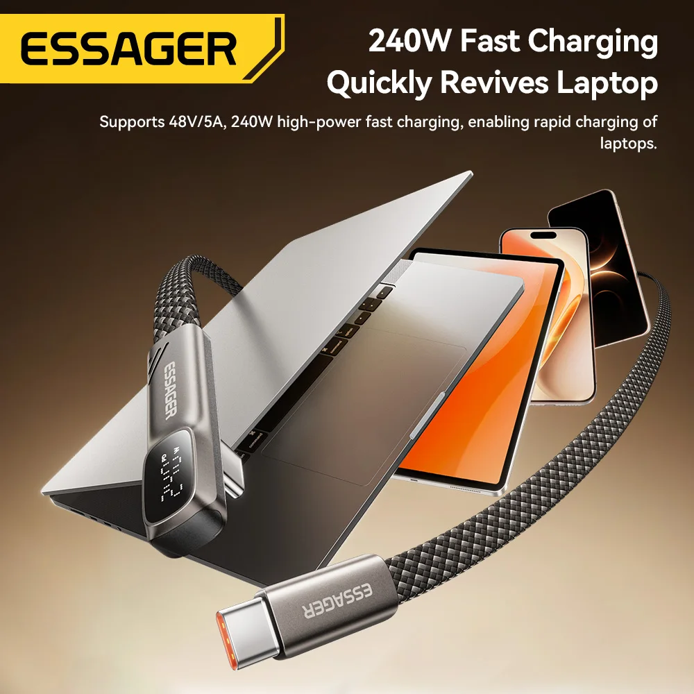 Kabel USB C Essager 240W z złączem kątowym, szybki kabel do ładowania z chipem E-Marker, cyfrowy wyświetlacz, kabel do transmisji danych do laptopów, iPhone'ów, Samsungów, Huawei. — zdjęcie produktu 3