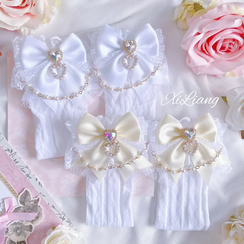 Calzini bianchi Kawaii carini in stile giapponese ragazze dolci Lolita Bow Pearl Heart calzini in pizzo per le donne primavera estate miniera