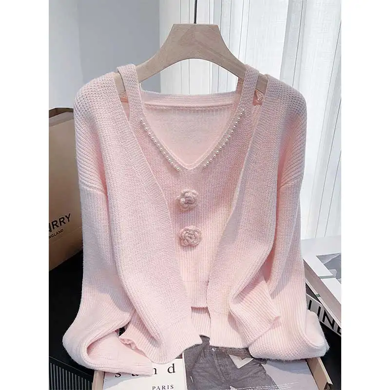 ملابس حريمي ربيع الخريف موضة عادية بلون الحياكة الإناث كل مباراة تظهر رقيقة سترة حبال قطعتين مجموعة علوية Te #2