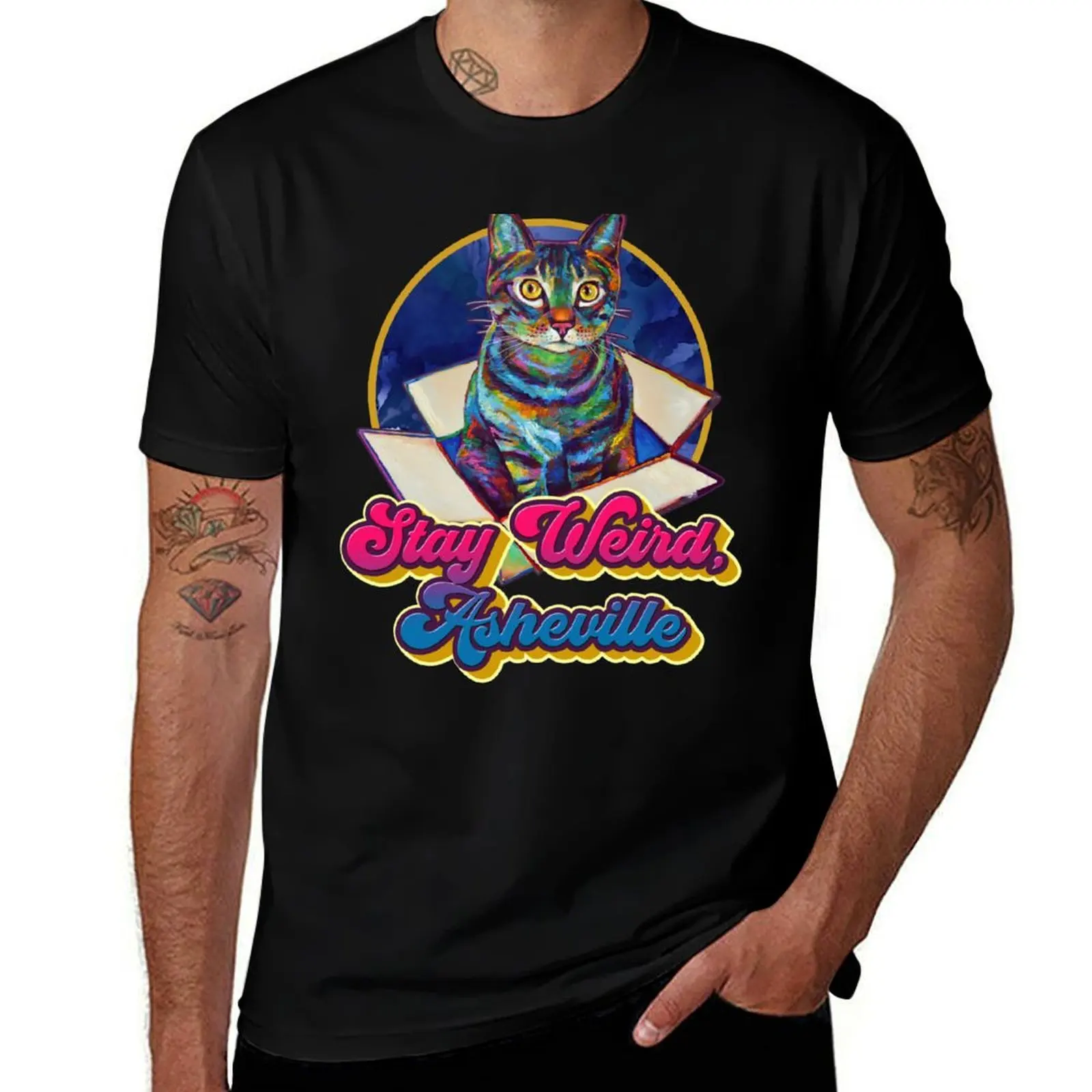 STAY WEIRD, ASHEVILLE Cosmic Cat in a Box by Robert Phelps T-Shirt Dry Fit Athletic Short Sleeve Shirt T-Shirt