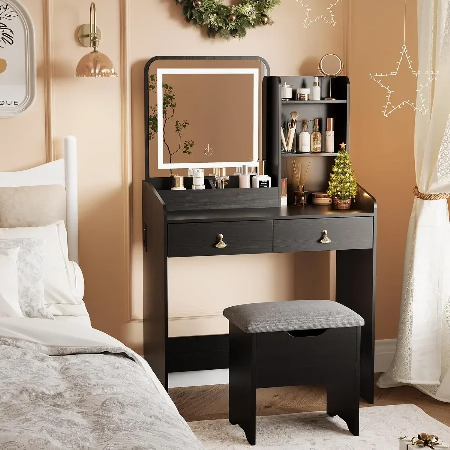 Makeup Vanity Desk with LED Light Mirror, Vanity Table with Storage Stool, Drawers Shelves, 3 Color Lighting Modes, Dressing Ta
