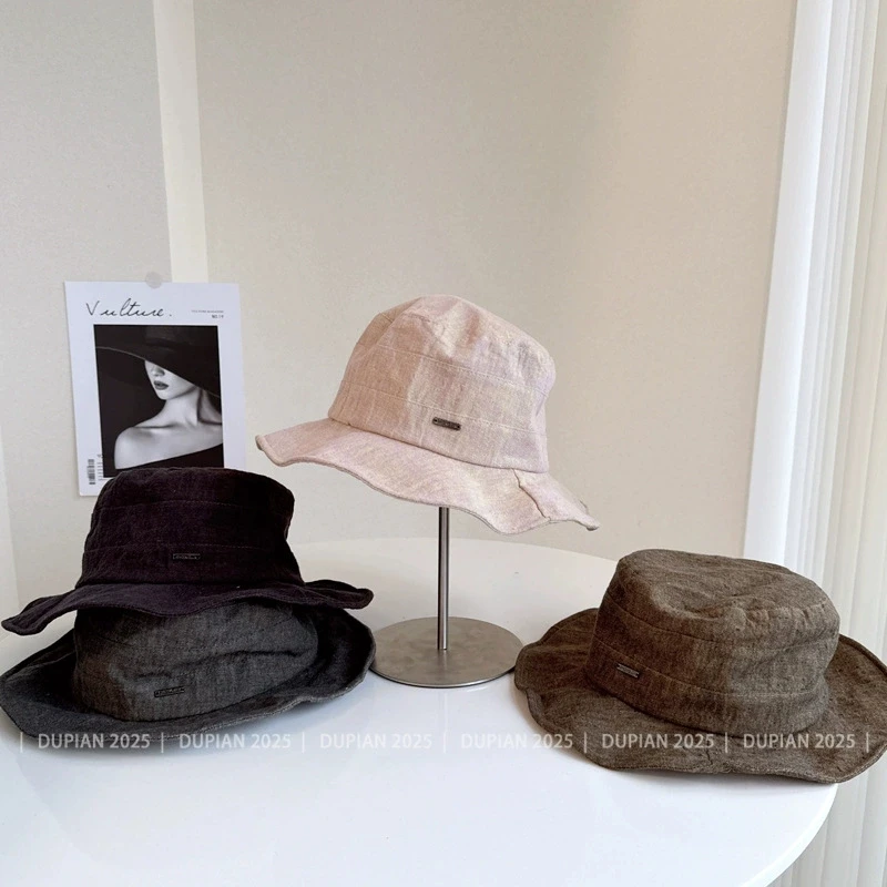 Japanese Style Linen Sun Hat for Women Large Brim Bucket Cap Metal Label Face Covering for Beach Outdoor Fisherman Hats