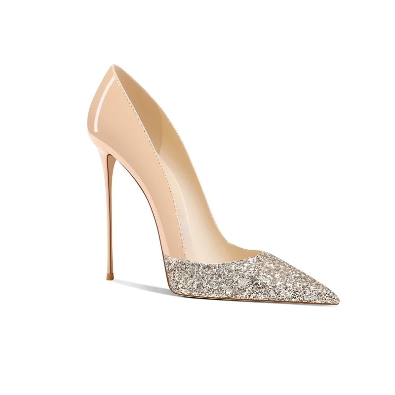 New pointed thin heel nude color patent leather shiny leather sexy socialite not tired feet versatile high heels for women