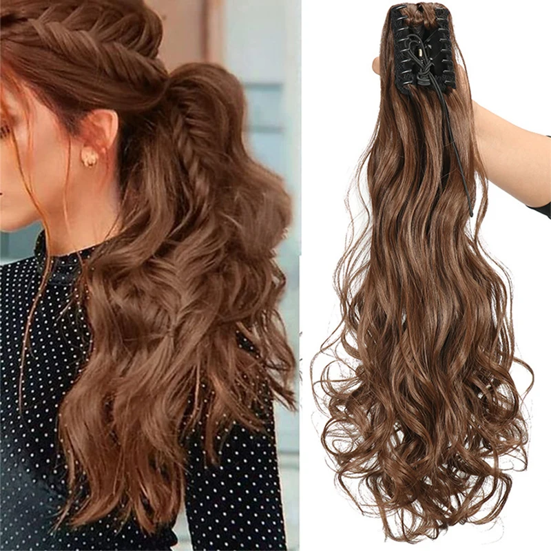 

Long Wavy Ponytail Claw Clip on Ponytail Hair Extensions Synthetic Heat-Resistant 24" Brown Wavy Horse Tail Hairpieces for Women