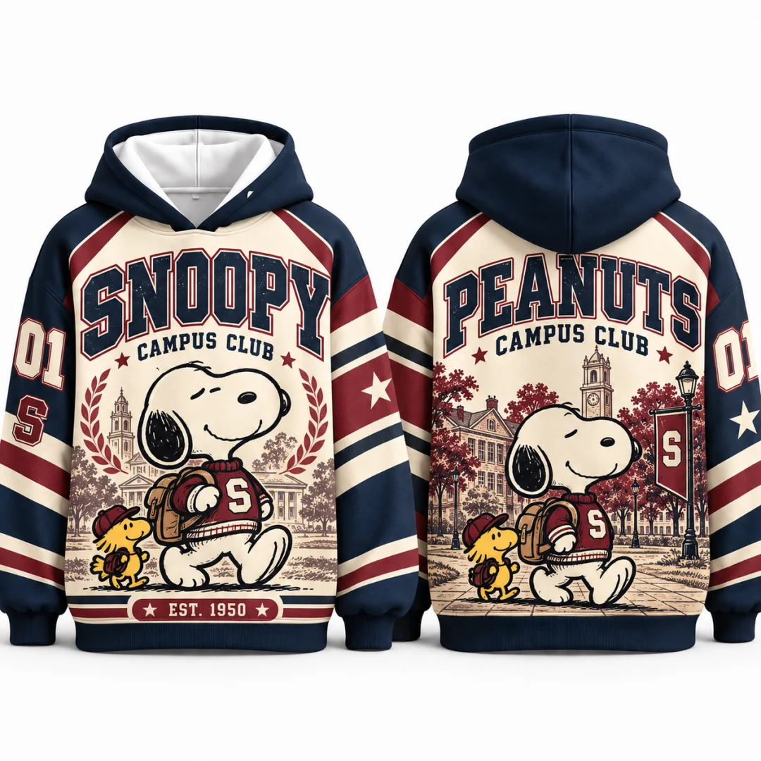 Men's Snoopy College Club Hoodie Vintage Pullover Hooded Sweatshirt Casual Streetwear Hip Hop Tops Kids Clothes Sweatshirts ﻿