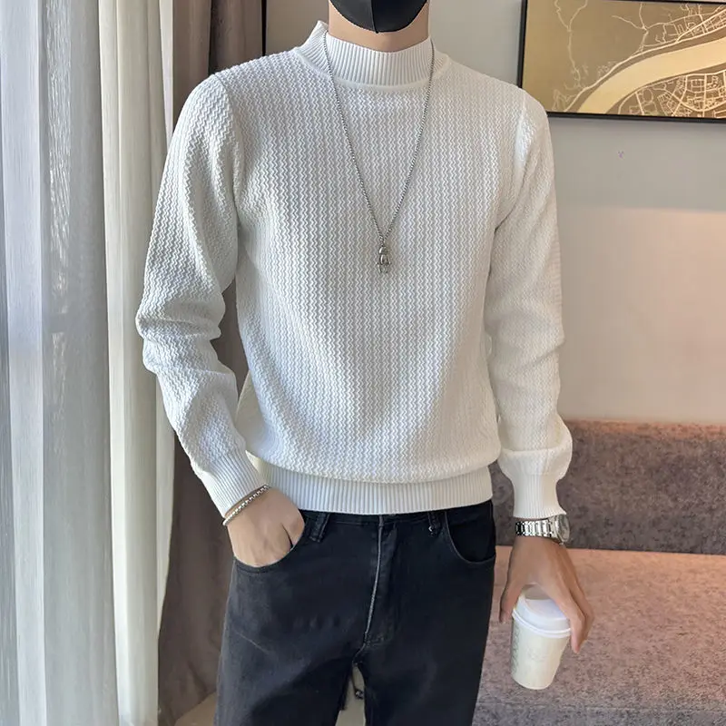 Basic Half High Collar Pullovers Knitted Autumn Winter Solid Color Casual Men's Clothing Young Style Korean Long Sleeve Sweaters