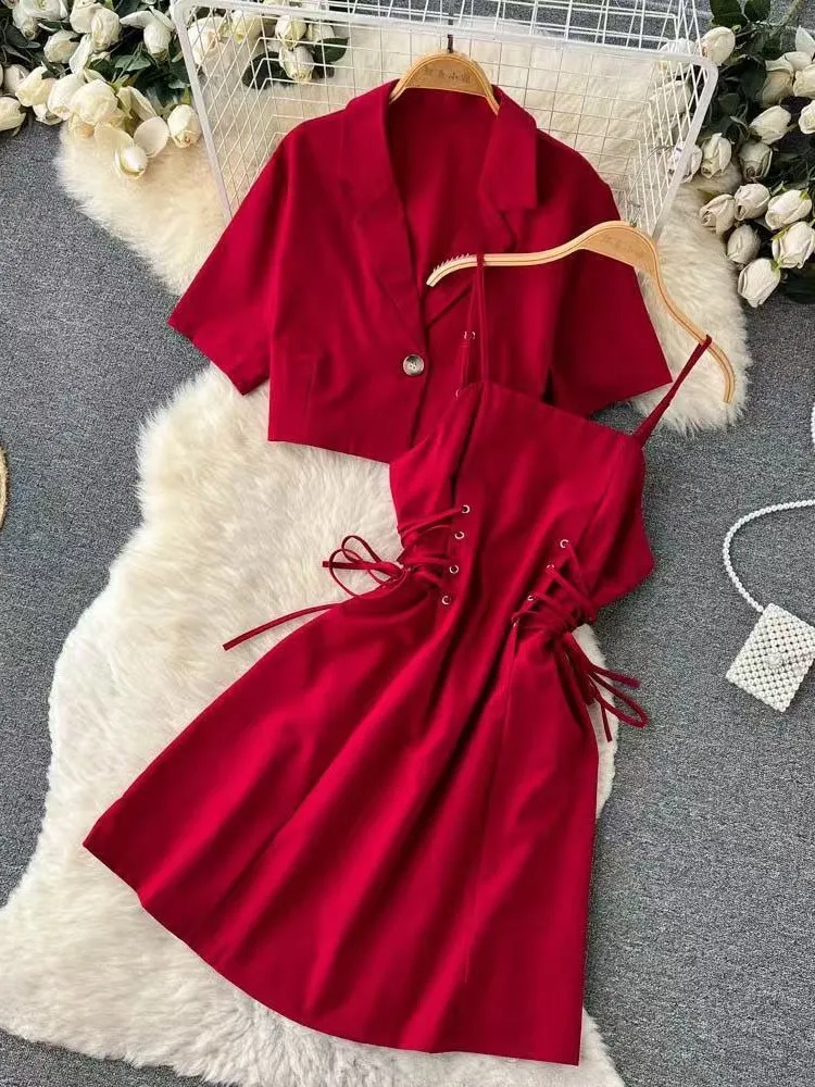 

New Sling Short Dress Suit Short Blazer Sexy Waist-tightening Straps Short Sleeve Solid Color Cropped Top Spaghetti Strap Casual
