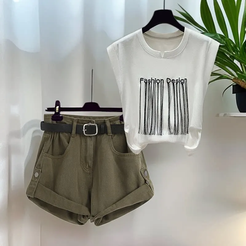 Summer Fashionable Women's Set Design Sense Letter Sleeveless T-shirt Top with Vintage Slimming Denim Shorts Two-piece Set