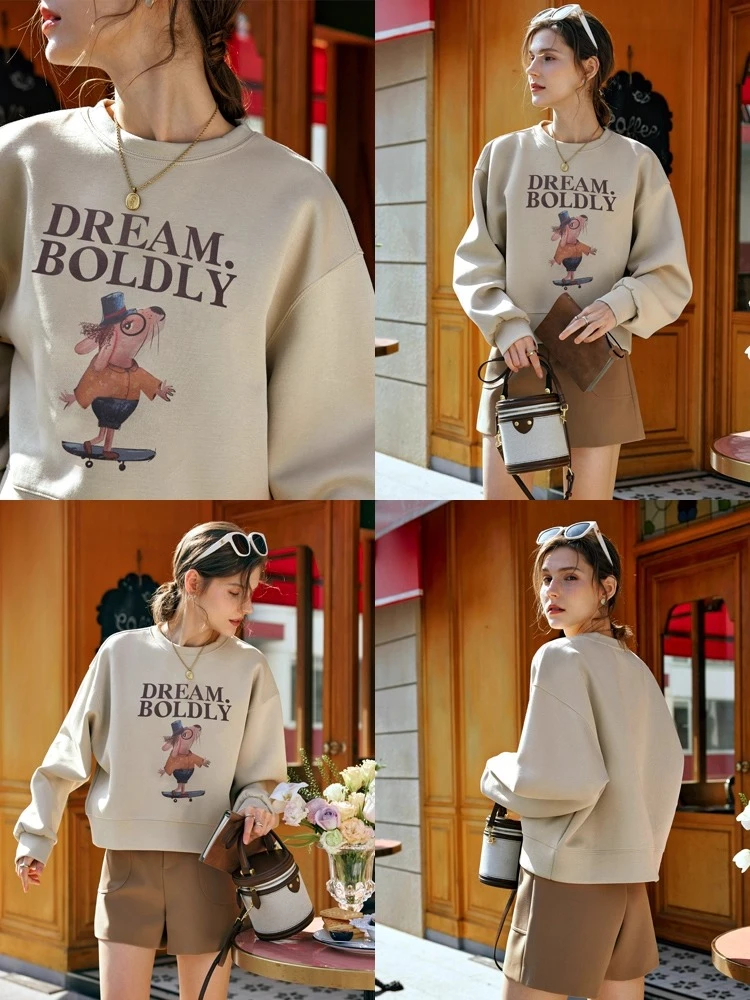 OLrain 아메리칸 2025 가을 스웨트셔츠 레트로 프린팅 O넥 여성 풀오버 신상 소형 니트 여성 상의 O24CR89002