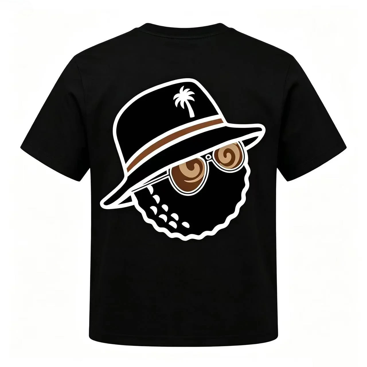 Neutral fashion pattern T-shirt with bucket cap and sunglasses print perfect for summer wear versatile for both men and women