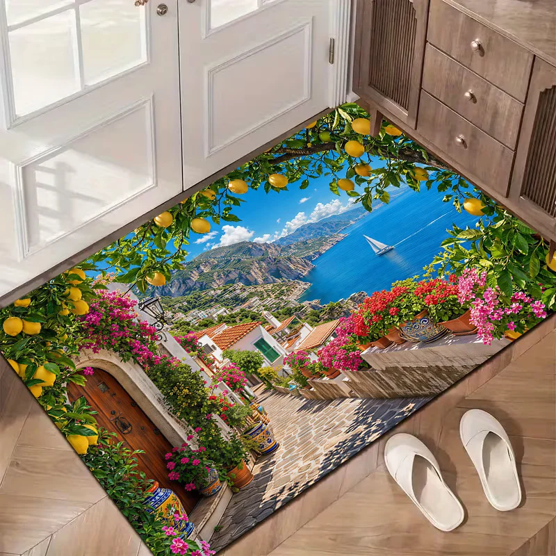 Printed Mediterranean Floral Doormat Waterproof Polyester Entrance Mat Tropical Coastal Design Summer Beach Style Decoration Rug