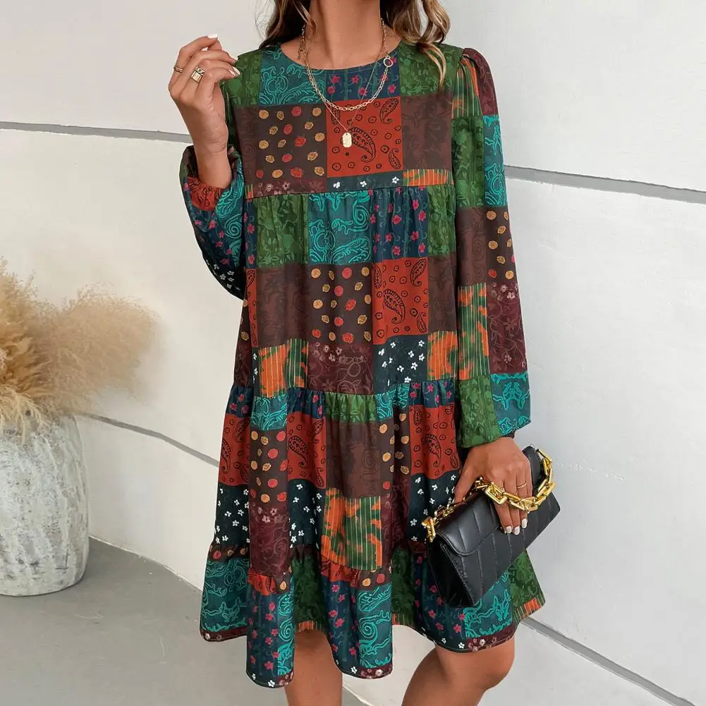 

Woemn Fall Spring Dress Patchwork Colorful Print Lady Bohe Dress Loose A-line Ruffle Big Swing Soft Above Knee Length Mini Dress