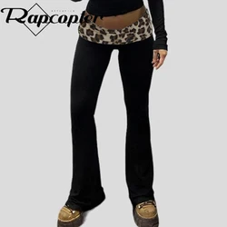 Rapcopter Leopard Patchwork Pants Women Vintage Slim Flare Trousers Streetwear y2k Fashion Sweatpants Casual Grunge Clothes New