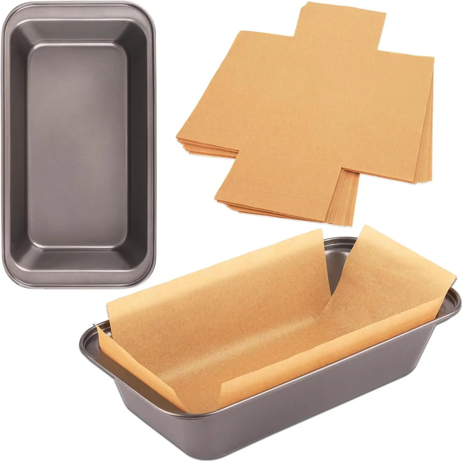 

2 PCS Nonstick Loaf Pan Set, 9 x 5 Inch Carbon Steel Rectangle Bakeware with 100 Unbleached Parchment Liners for Baking Toast, Cakes, Banana Breads, Gray