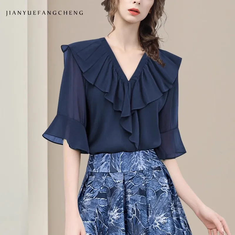

Модные женские летние шифоновые топы с оборками, свободные повседневные струящиеся синие блузки с v-образным вырезом и короткими рукавами