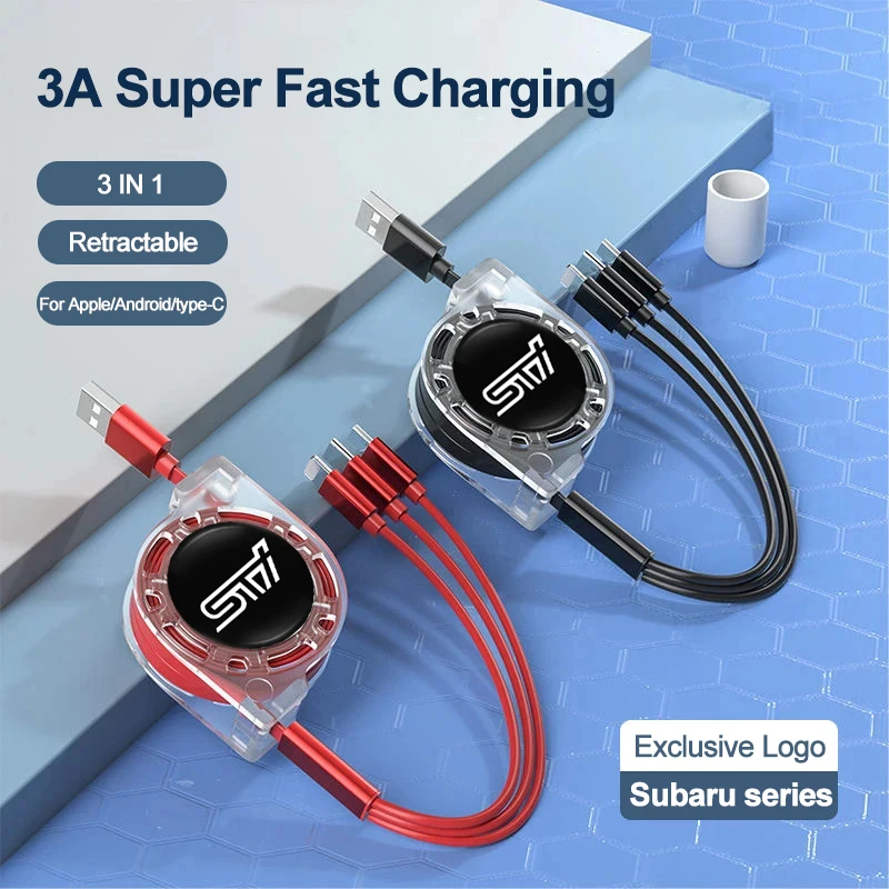 3 In 1 Car Data Cable USB Type-C Charger Head Retractable Auto Accessorie For Subaru STI Forester BRZ Legacy Impreza Levorg WRX