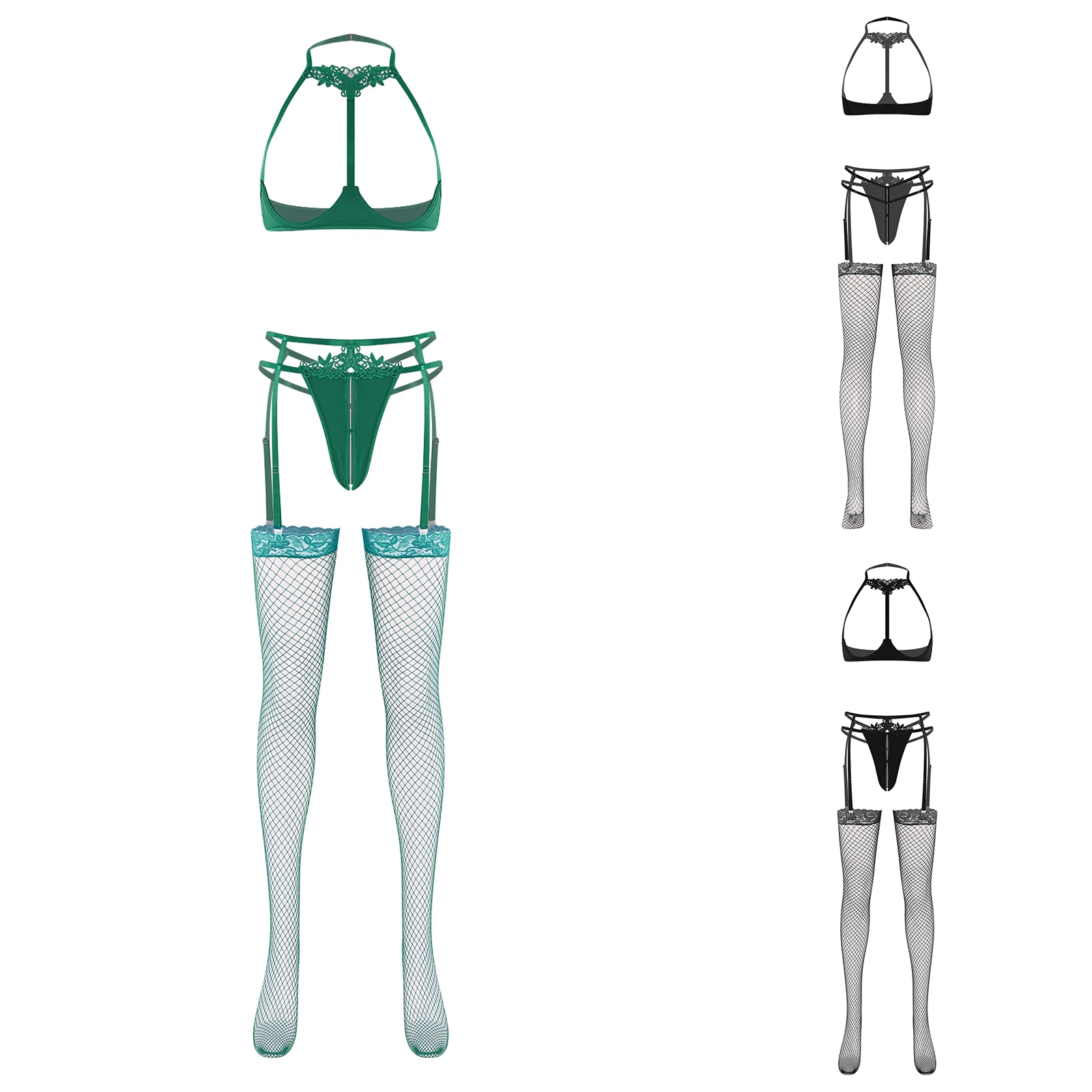 

Женский соблазнительный комплект нижнего белья: бюстгальтер пуш-ап с открытыми чашками, стринги с вырезами и т-образной спинкой, с подвязками и чулками-сеткой, ночное белье