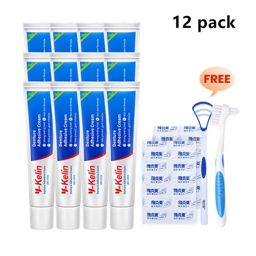 Gran oferta de crema adhesiva para dentadura Y-Kelin, sujeción fuerte, 40 gramos, 12 paquetes para seguro superior e inferior, enviar un regalo