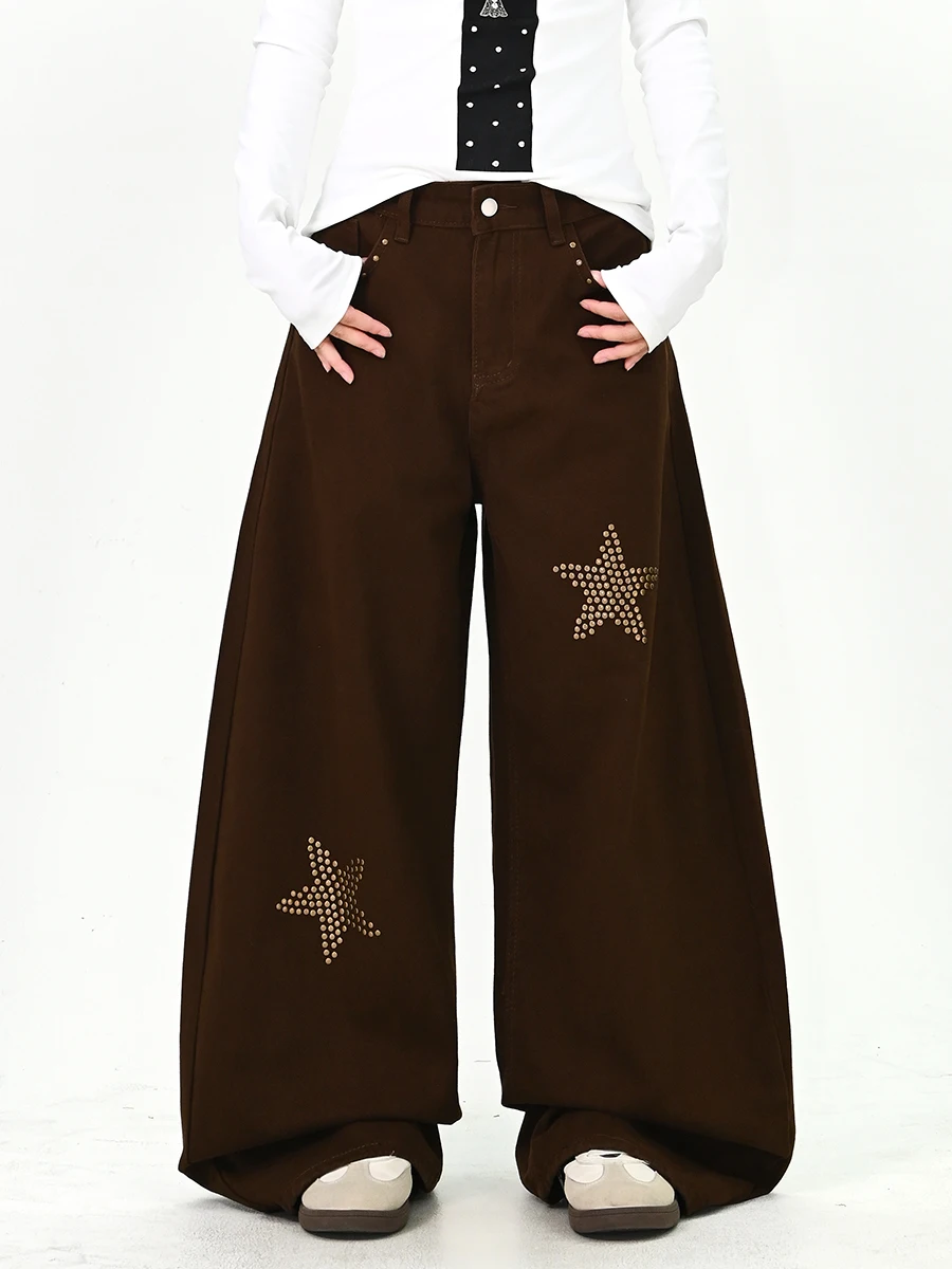 

American Sle Wide Leg Jeans Women's Spring New Loose BF Star Knife Denim Pants Casual Wear Resistant Stretch Fabric