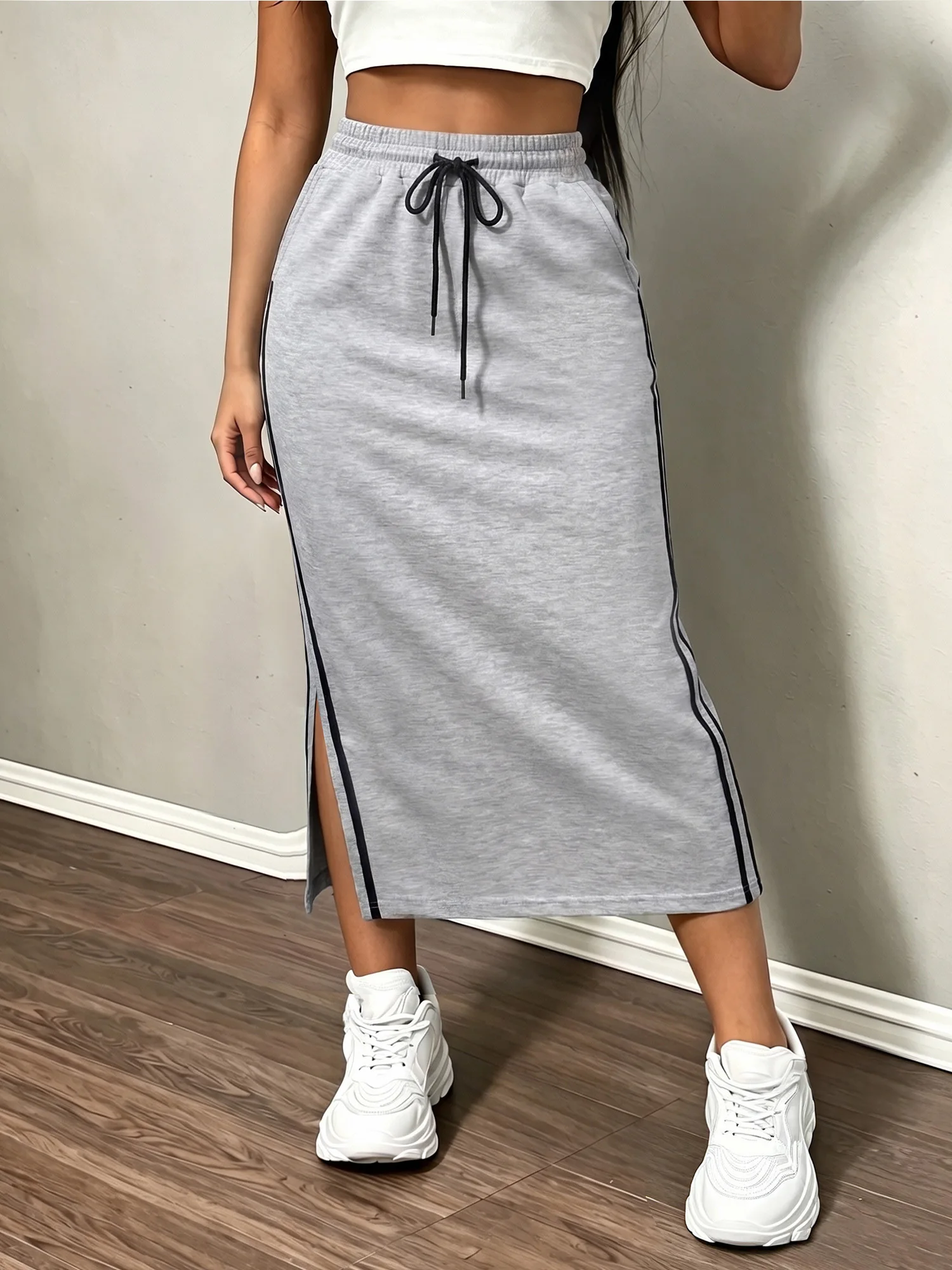 Hot Girl Ins Trend Split Sweat Midi Skirt Gray Side Double Black Stripes Drawstring High Waist Slim Straight Long Skirt