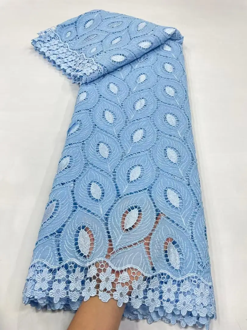 

Sky Blue Nigerian Tulle Lace Fabric For Sewing Wedding Embroidery Dress Water Soluble Party Guipure High Quality Cotton 5Yards