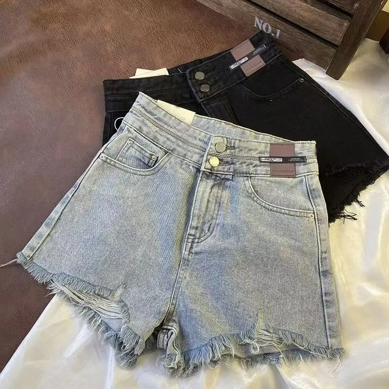 

Ripped Tassel Jeans Women Casual Loose High Waist Summer Hot Pants Blue Black Wide Leg Pants